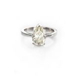 A SOLITAIRE DIAMOND RING centred with a pear-shaped diamond weighing 2.3820cts, in 18ct white