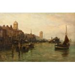 Robert Jobling, BOATS ON THE WATER, NEWCASTLE, signed, oil on canvas, 49 by 74,5 cm