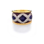 AN ENAMEL AND DIAMOND RING, SCHWARTZ the broad, tapered and domed band centred with a geometric