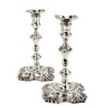 A PAIR OF GEORGE II SILVER CANDLESTICKS, INDECIPHERABLE MAKER'S MARK, LONDON, 1746 each shaped