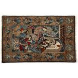 AN ISFAHAN PART SILK PICTORIAL RUG, PERSIA, MODERN a multi coloured pictorial scene with a pale gold