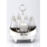 A SILVER-MOUNTED CUT-GLASS CRUET SET, VARIOUS MAKERS AND DATES, LONDON, comprising: five bottles,