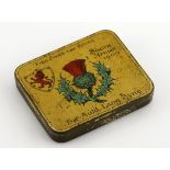Anglo-Boer War Scottish Regiments Tobacco Tin 1900 10 by 8cm. A yellow tin with a bit of wear, sides