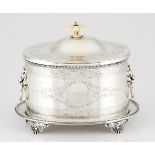 A VICTORIAN SILVER BISCUIT BOX, THOS BRADBURY & SONS, SHEFFIELD, NOT SUITABLE FOR EXPORT the oval