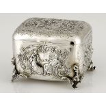 A SILVER BOX, POSSIBLY GERMAN the rectangular body, each side with a scene of two lovers, chased