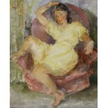 Cecil Higgs SITTER IN A YELLOW DRESS signed and dated 1942 watercolour on paper 34 by 27cm