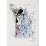 Yosl Bergner GIRL WITH BLUE BLANKET not laid down, lithograph printed in colours, signed and