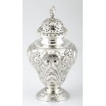 A VICTORIAN SILVER SUGAR CASTER, INDECIPHERABLE MAKER'S MARK, LONDON, the baluster body chased