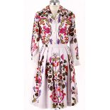 A CAMISENE TWO PIECE ENSEMBLE A beautiful lilac button down shirt and full skirt. Print is a pink,