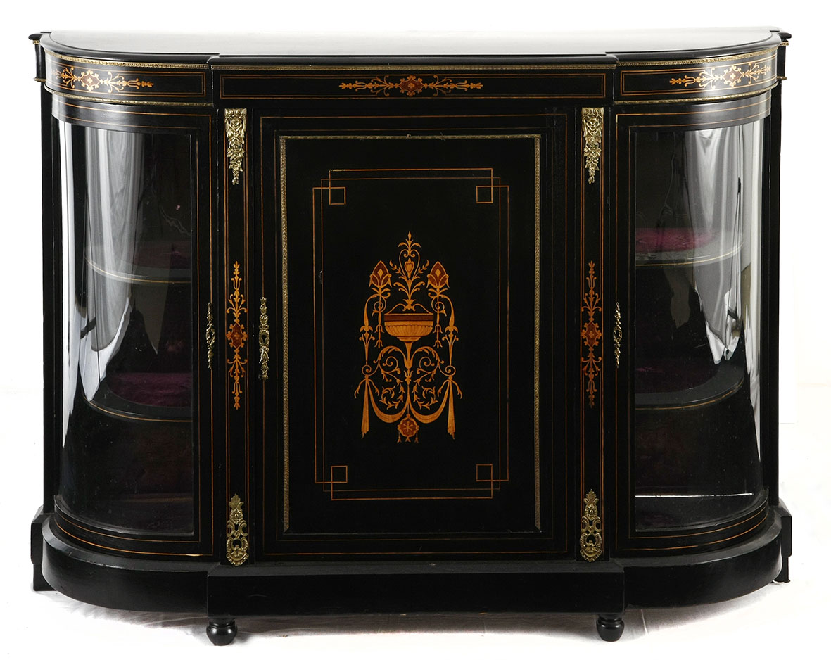 A VICTORIAN, EBONISED AND ORMOLU-MOUNTED DISPLAY CABINET, LATE 19TH CENTURY the D-shaped