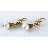 A PAIR OF PEARL EARRINGS the matte-finish button surmount, suspending a pearl approximately 7.6mm in