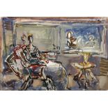 Avinoam Kosowsky CAFE SCENE signed, dated 1982 and inscribed with the title watercolour on paper