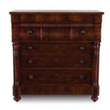 A VICTORIAN FLAME MAHOGANY CHEST OF DRAWERS, 19TH CENTURY the rectangular outset top above three