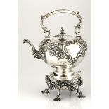 A VICTORIAN SILVER TEA KETTLE ON STAND, A.G. WHIGHTON, EDINBURGH, NOT SUITABLE FOR EXPORT the