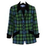 A THIERRY MUGLER CHECK SUIT A striking vintage green and blue suit jacket with velvet trim, with