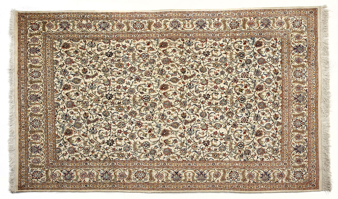 A FINE KESHAN SILK RUG, PERSIA, MODERN the ivory field with an overall design of polychrome