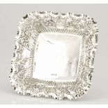 A VICTORIAN SILVER PLATTER, FENTON BROTHERS, SHEFFIELD, the square body applied with leaf and scroll