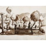 Aaron Giladi FIGURES IN A KIBBUTZ signed watercolour on paper 28 by 38cm, unframed