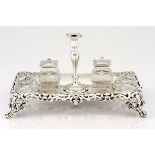 A VICTORIAN SILVER INKSTAND, HENRY WILKINSON & CO., SHEFFIELD, the rectangular base of openwork