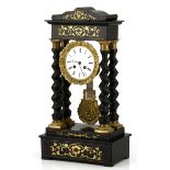Portico clock, 19th Century a French black & marquetry inlaid clock, with rectangular top and shaped