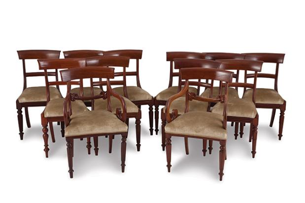 A HARLEQUIN SET OF TWELVE REGENCY STYLE MAHOGANY DINING CHAIRS, 19TH CENTURY comprising: ten side