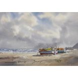 Douglas Treasure BOATS AT SHORE signed watercolour on paper 34 by 49cm