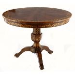 A RUSSIAN FLAME MAHOGANY AND INLAID PEDESTAL TABLE, 19TH CENTURY the circular top with floral