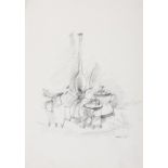 Yosl Bergner STILL LIFE WITH POTS AND OTHER VESSELS signed pencil and charcoal on paper 49 by 45,