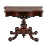A WILLIAM IV ROSEWOOD CARD TABLE the hinged rectangular swivel top enclosing a baize-lined playing
