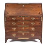 A GEORGE III FLAME MAHOGANY, INLAID AND BRASS-MOUNTED BUREAU the rectangular top above an inlaid