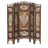 A CHINESE WOODEN RED AND GOLD PAINTED FIVE PANEL SCREEN, FUJIN PROVINCE, 19TH CENTURY each