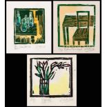 Peter Clarke (South African 1929--2014) GREEN BOTTLES, PYPIES, and PLAIN FURNITURE, three linocut,