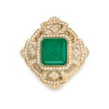 AN EMERALD AND DIAMOND PENDANT/BROOCH of geometric design, centred with a step-cut emerald