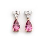 A PAIR OF PINK TOURMALINE AND DIAMOND PENDENT EARRINGS each designed as triangular-shaped