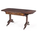 A ROSEWOOD AND SATINWOOD SOFA TABLE, 19TH CENTURY the rectangular top with hinged drop sides above a