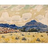 Sydney Carter (South African 1874--1945) FIELD WORKER BELOW MOUNTAINS signed watercolour on paper