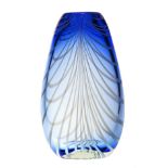 A BLUE, OPAQUE WHITE AND CLEAR-GLASS VASE, MODERN the flattened ovoid body of internal shaded blue