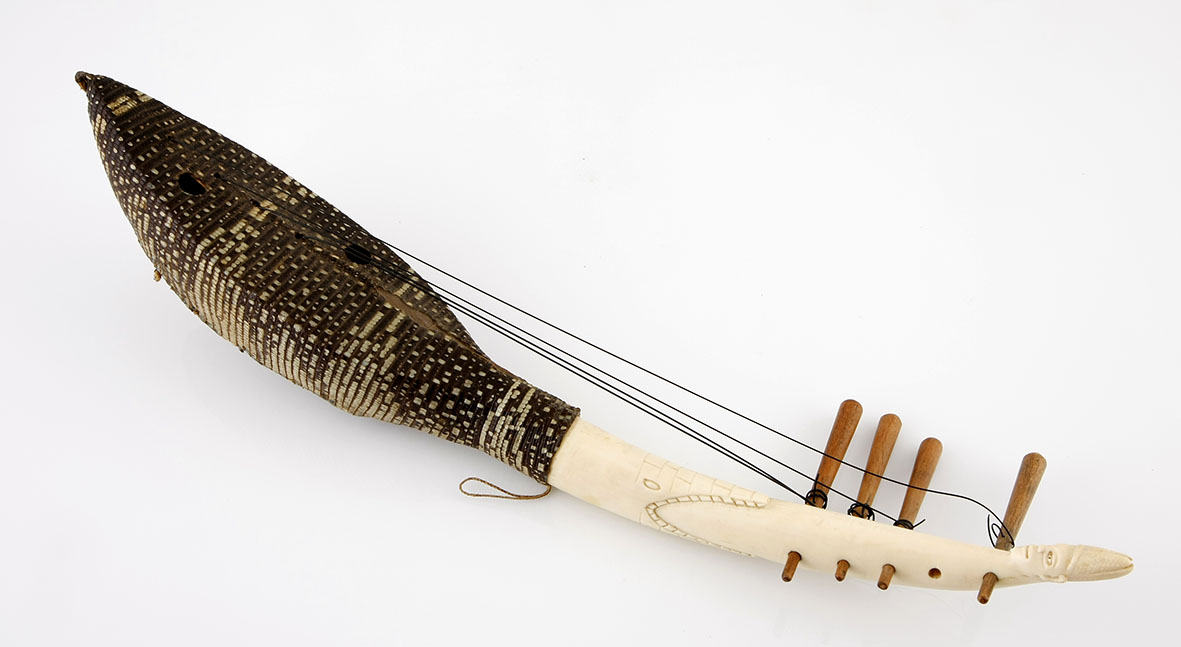 A MANGBETU TRIBAL HARP, DEMOCRATIC REPUBLIC OF CONGO NOT SUITABLE FOR EXPORT with carved ivory