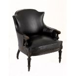 A VINYL AND CLOSE-NAILED UPHOLSTERED TUB CHAIR the shaped padded back between padded sides, scrolled