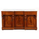 A VICTORIAN WALNUT MARBLE-TOPPED BREAKFRONTED SIDEBOARD the rectangular grey-veined marble top above