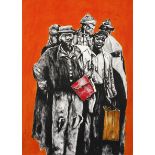 Lekau Matsena (South African 20th Century-) MIGRANTS monotype printed in colours, signed and dated