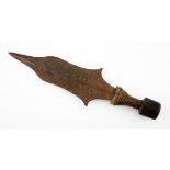 A KUBA KNIFE, DEMOCRATIC REPUBLIC OF CONGO a shaped blade with copper bound wooden handle 42,5cm