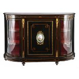 A VICTORIAN EBONISED AND INLAID GILT-METAL-MOUNTED CREDENZA the moulded shaped breakfront top