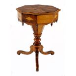 A VICTORIAN SPECIMEN AND BURR WALNUT MARQUETRY INLAID SEWING TABLE the moulded octagonal-shaped