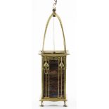 AN ART NOUVEAU BRASS HANGING LAMP with four sides, each with pierced and heart-shaped decoration, on