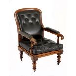 A MAHOGANY CAMPAIGN ARMCHAIR MANUFACTURED BY J. ALDERMAN, LONDON, 19TH CENTURY the hinged padded