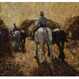 Harry Fidler (British 1856-1935) RIDING AND LEADING HORSES signed oil on hessian 42 by 48cm