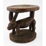A PENDE STOOL, DEMOCRATIC REPUBLIC OF CONGO modeled with as a carved antelope 27.5cm high