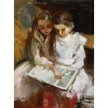 Marie Vermeulen Breedt (South African 1954-) LEARNING TO READ signed oil on canvas 60 by 45,5cm