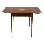 AN EDWARDIAN ROSEWOOD AND SATINWOOD INLAID DROP SIDE TABLE the rectangular crossbanded top centred